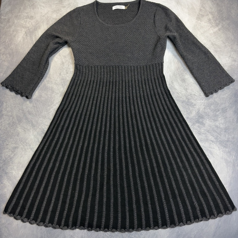Calvin Klein Womens P Petite Gray Knit Sweater Dress Pleated Scallop Hem